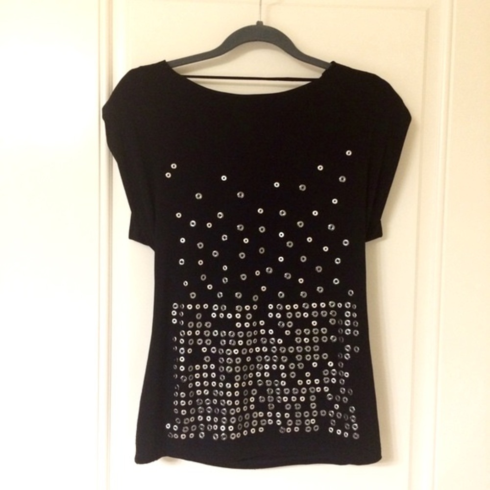 Black Silver Studded Grommets Padded Strong Shoulder Tunic Top